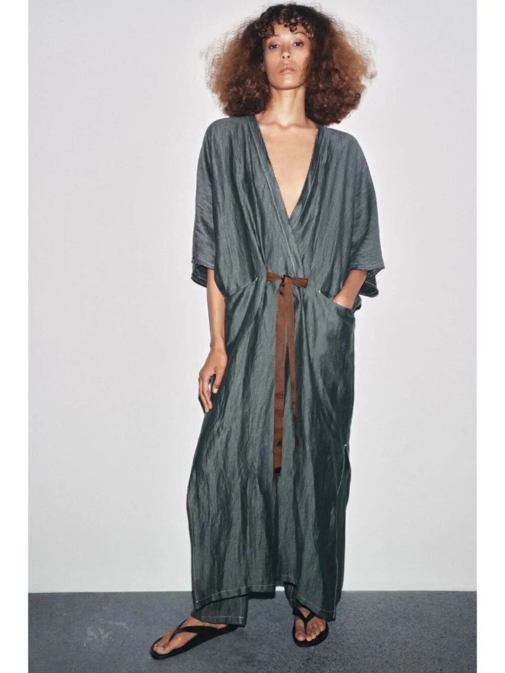 Zara Womens Linen Dress Kaftan M L Maxi Green blue Contrast Tie 9417/832 NWOT